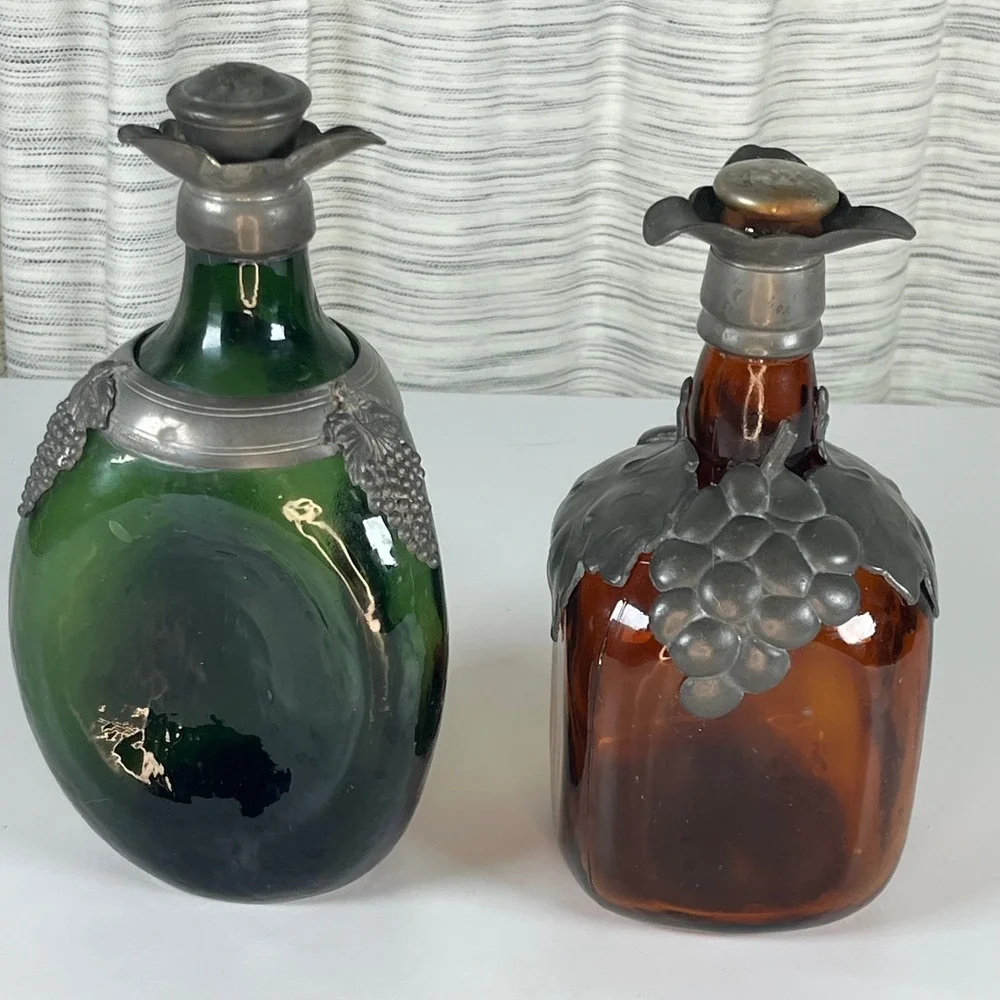 Vintage Decanter Set Green Amber Glass Italy OS Good Pewter Grape Overlay